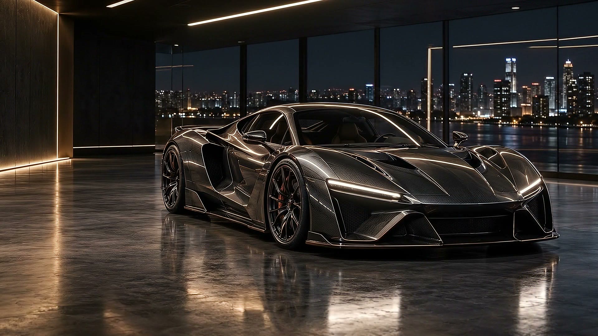 A carbon-fibre hypercar in a dark showroom overlooking a city at night
