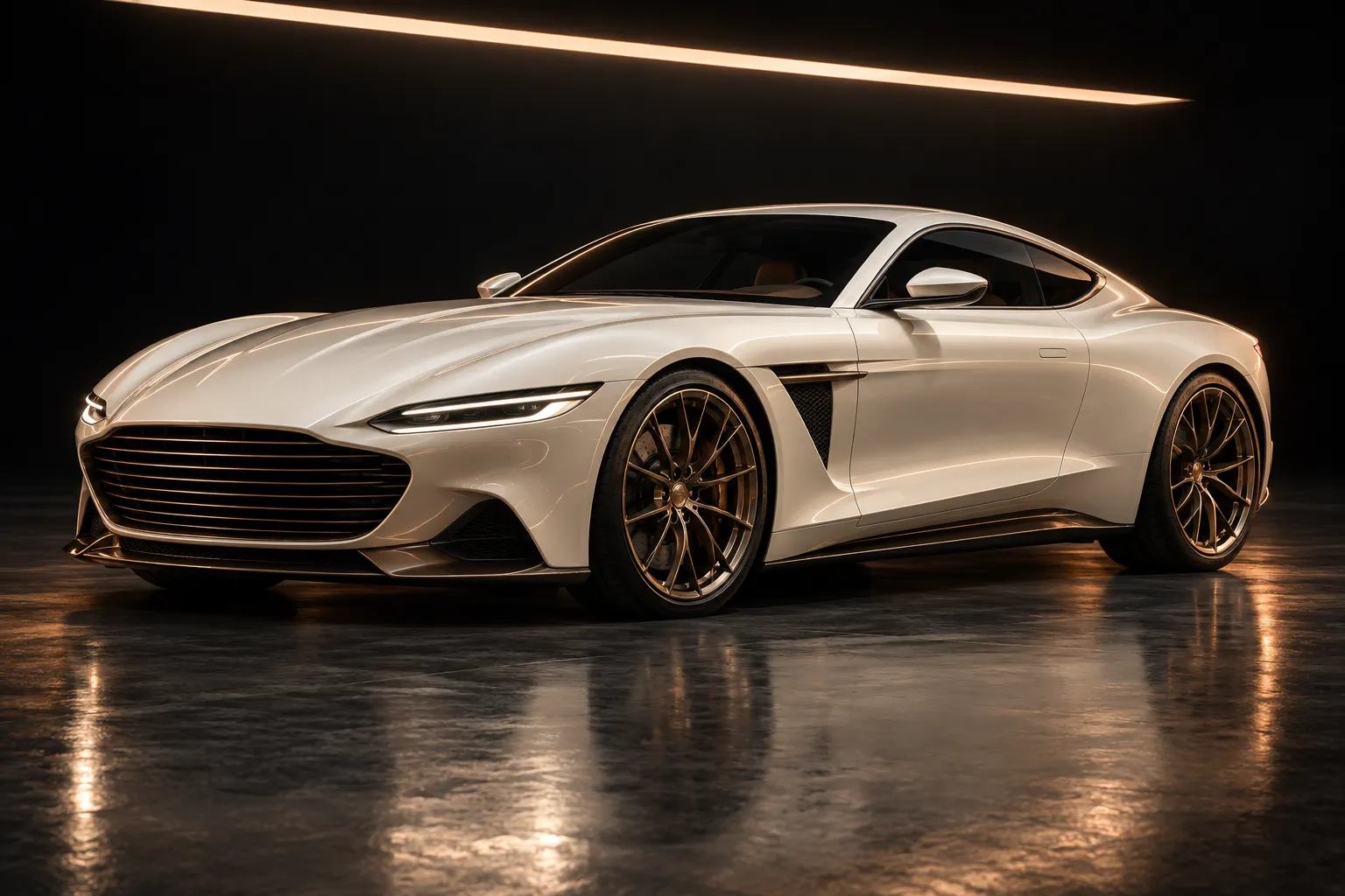 Pearl-white V12 grand tourer coupe in a dark studio