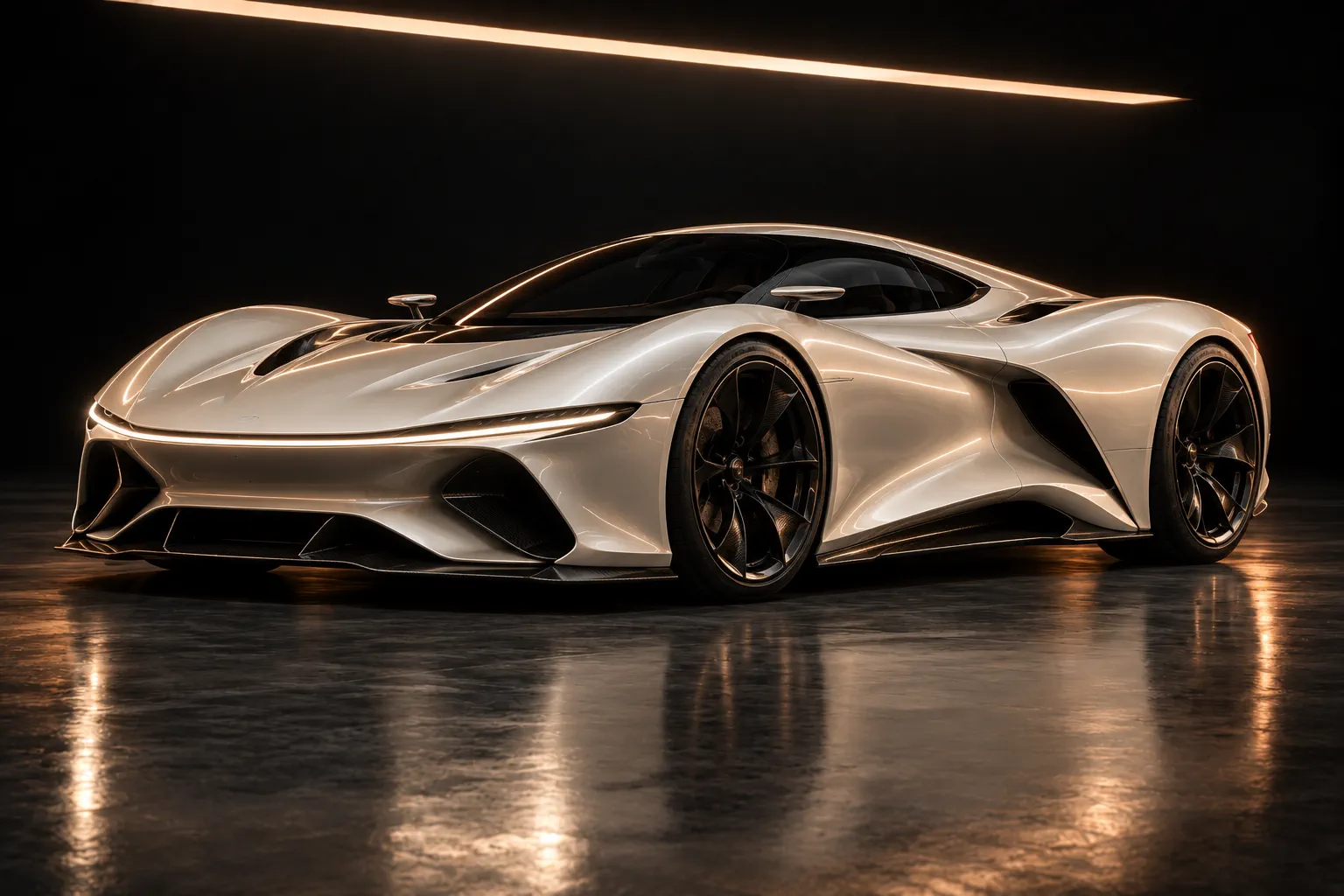 Liquid-silver electric hypercar with a full-width light bar