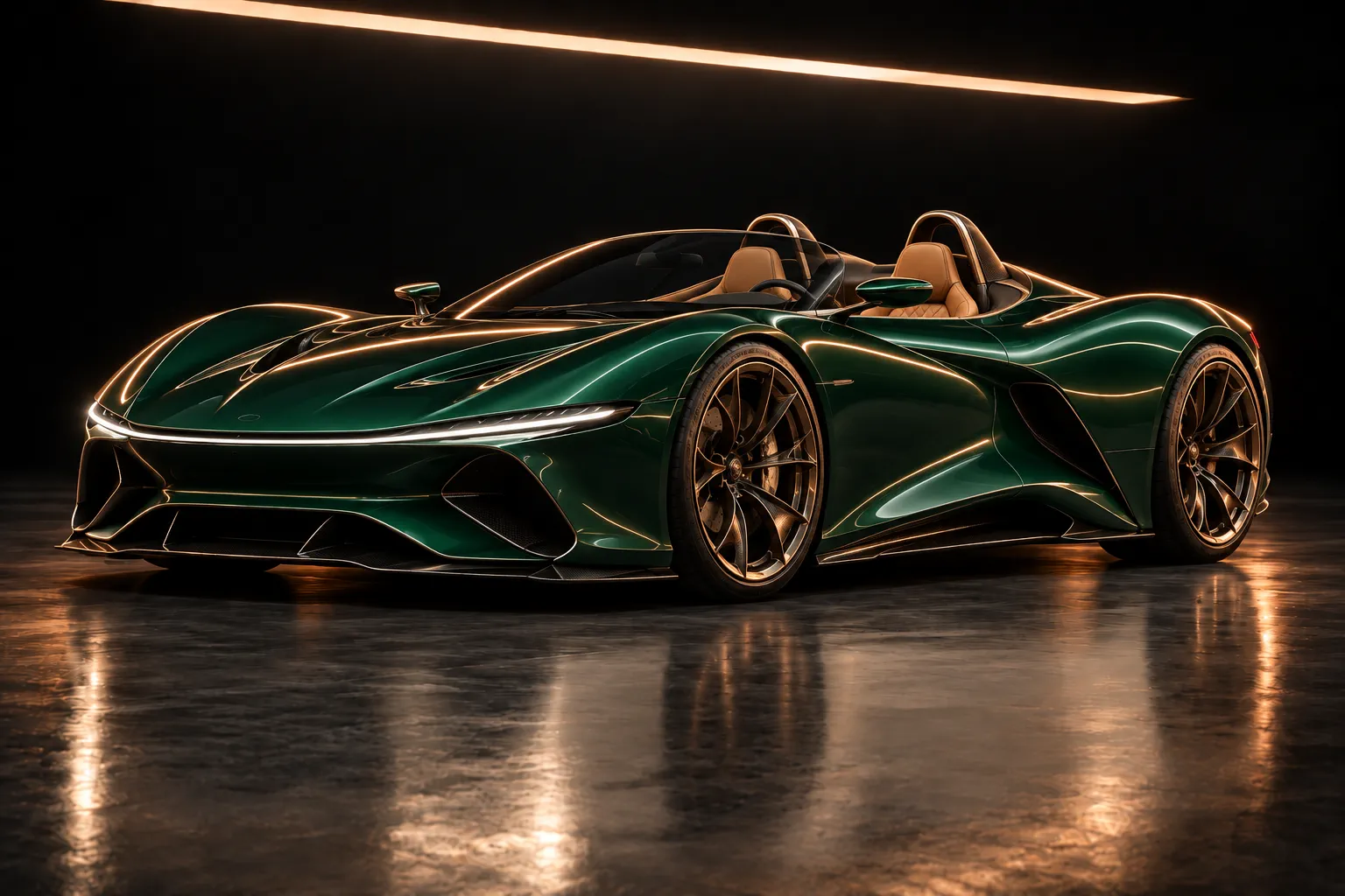 British-racing-green open-top V12 roadster with tan leather