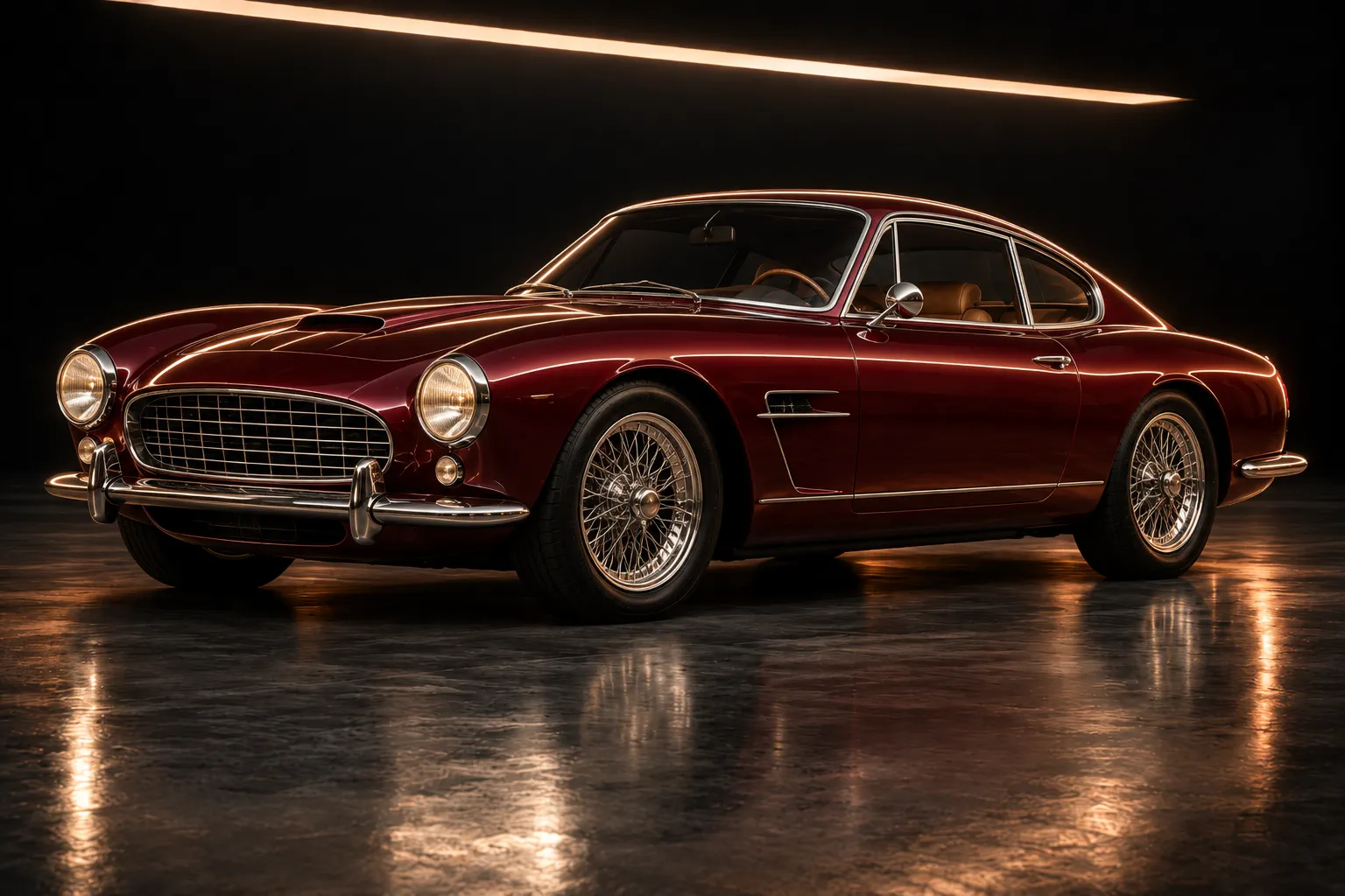 Restored 1960s burgundy grand touring coupe with chrome wire wheels
