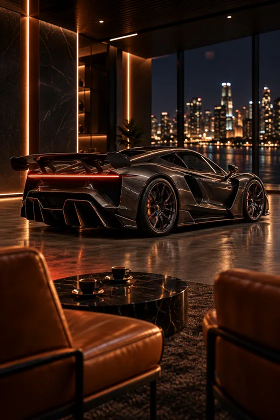 Leather lounge chairs facing a hypercar in the gallery at night