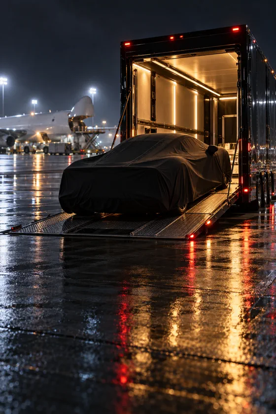 Covered supercar loaded into an enclosed transporter at an airport