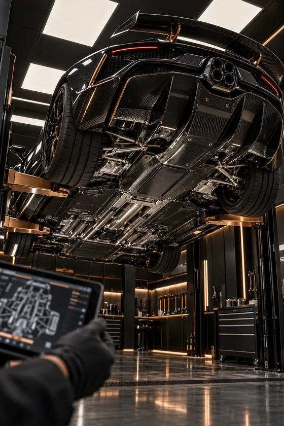 Supercar on a lift being inspected in a dark workshop