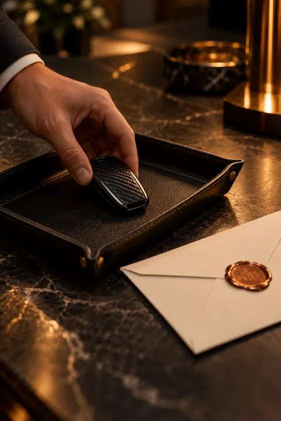 A carbon-fibre key placed on a leather tray beside a sealed envelope