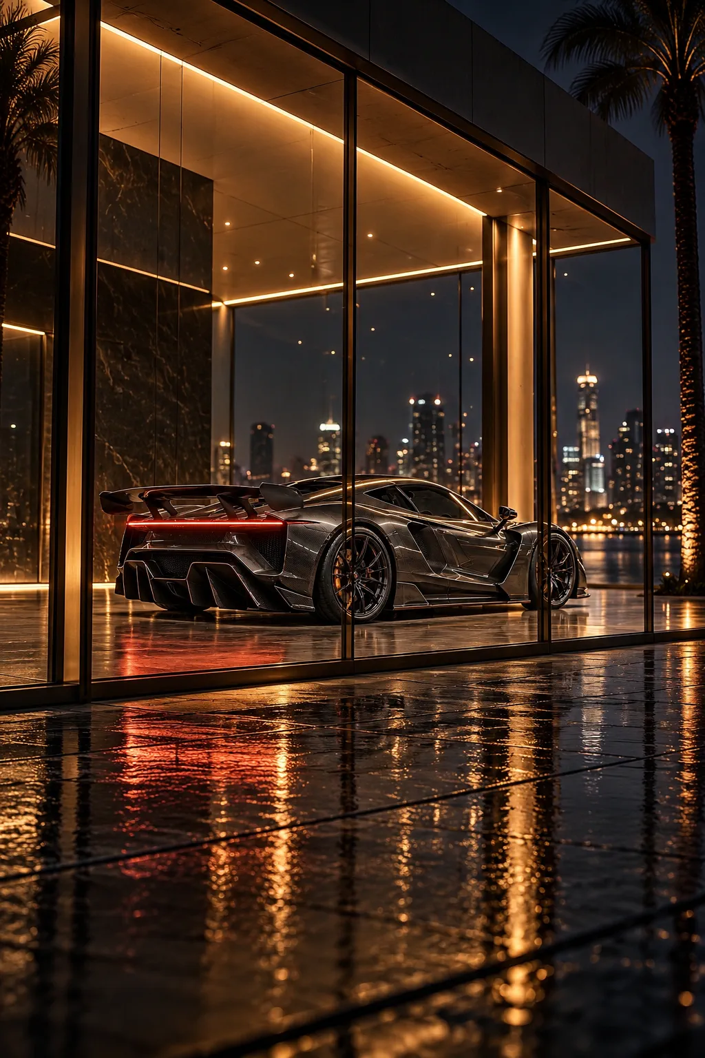 The KAIROS gallery at night, a hypercar glowing behind the glass façade