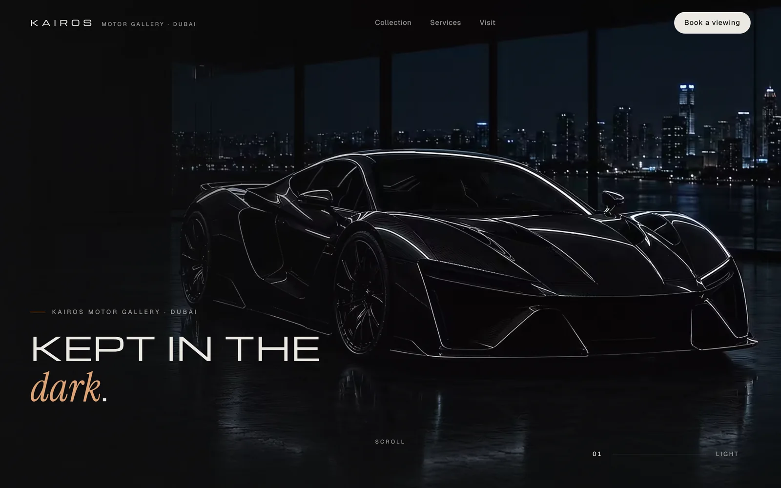 KAIROS Motor Gallery homepage: a dark hypercar in a night showroom with the headline Kept in the dark