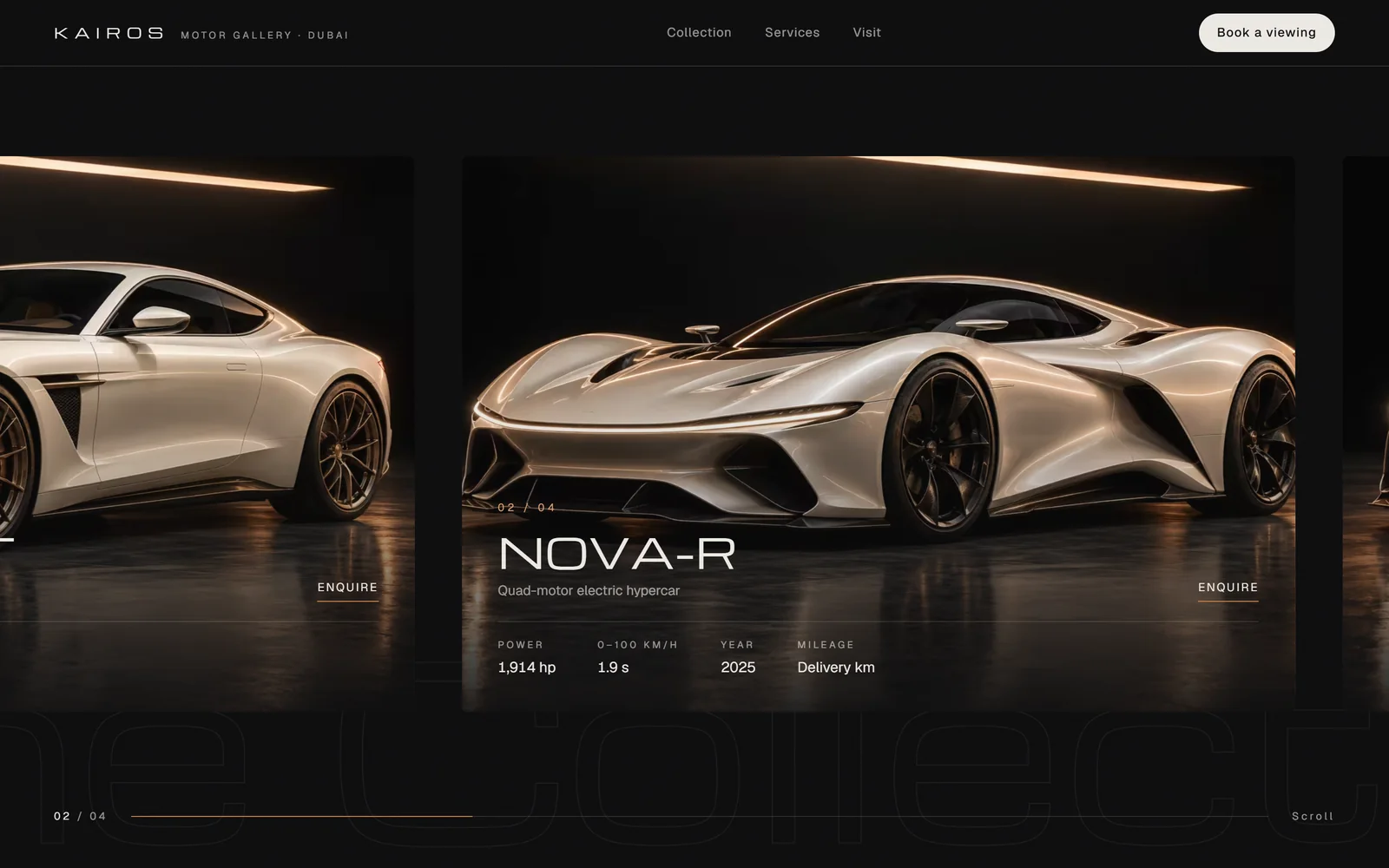 Pinned horizontal car collection with specs for the Nova-R