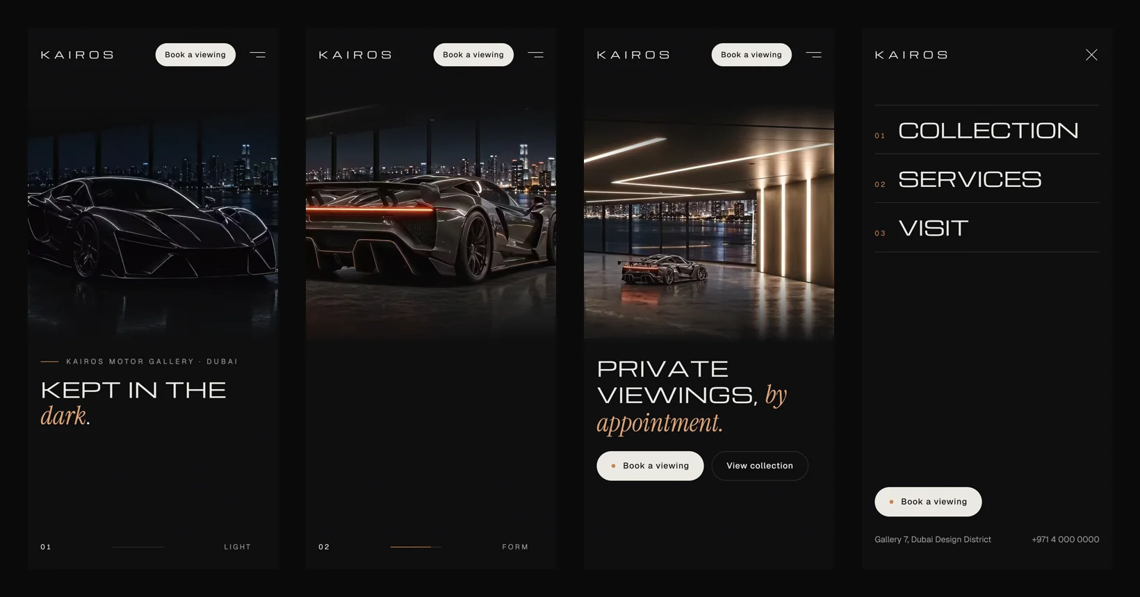 Four phone screens: the hero, the rear view of the car, the closing call to action and the full-screen menu