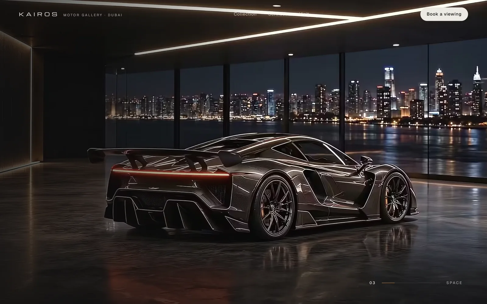 The KAIROS hero mid-scroll: the camera has circled to the rear of the hypercar